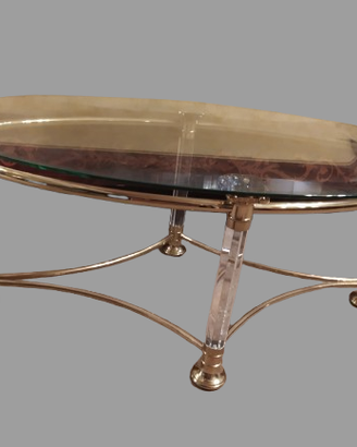 tavolino ottone  ovale con colonne in plexiglas
