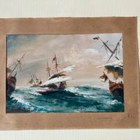 Velieri con mare in tempesta, olio su carta, 1946