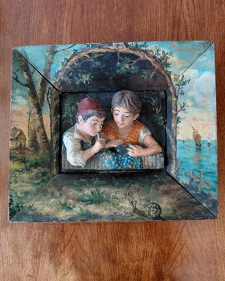 RARO DIORAMA D'EPOCA IN LEGNO E GESSO/TERRACOTTA