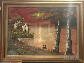 Suggestivo Quadro Olio su Tela - Paesaggio Notturn