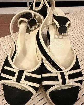 Sandali zeppa LOGAN bicolore blu/panna stile vinta