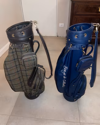 sacche da golf vintage pelle blu + Tartan scozzese