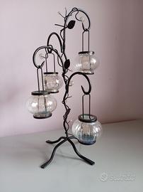 Candelabro in ferro con ampolle in vetro soffiato 