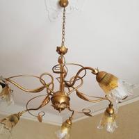 Lampadario fiori e foglie oro metallo ambrato