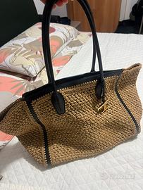 Borsa originale in rafia intrecciata beige e nera