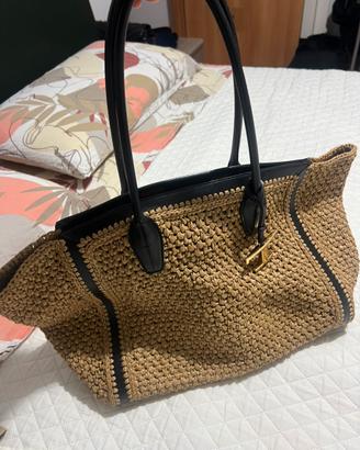 Borsa originale in rafia intrecciata beige e nera