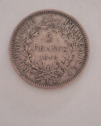 Moneta 5 franchi francesi 1848