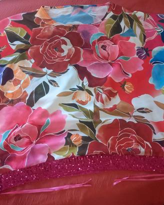 blusa floreale multicolore bordo con paillettes