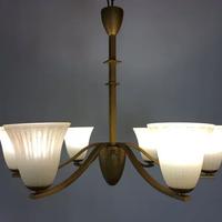 Lampadario metallo oro antico vetri soffiati