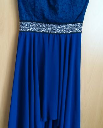 Vestito blu con strass senza spalline 