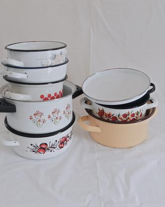 Set di Pentole Smaltate Bianche decorate Fiori 