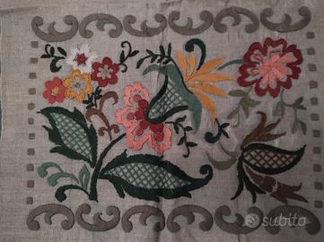 Antico Pannello Per Cuscino In  Lino Ricamato Tecn