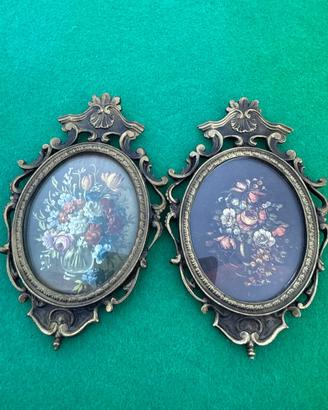 Coppia Quadretti Vintage Cornice Ottone e Fiori