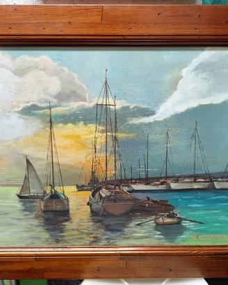 Dipinto Olio Fr. Van Der Auwera-Marina al Tramonto