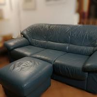 Divano in Pelle Blu + Pouf poggiapiedi 
