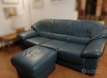 Divano in Pelle Blu + Pouf poggiapiedi 