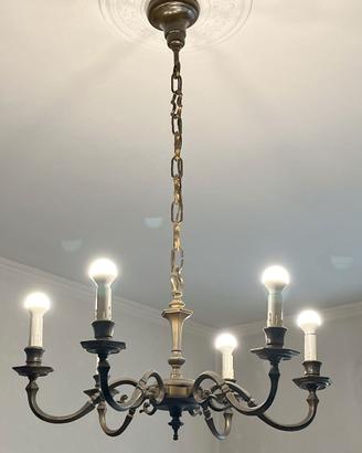 Lampadario in ottone brunito a 6 bracci, come nuov