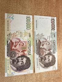 Coppia banconote lire 100000 Caravaggio FDS