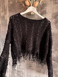 Maglione crop nero lurex con frange Effetto boken