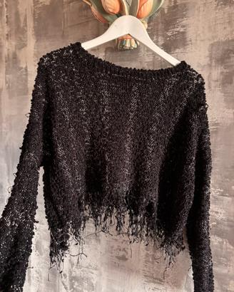 Maglione crop nero lurex con frange Effetto boken