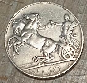 #2200-Una Moneta 10 Lire 1927 Argento Regno Italia