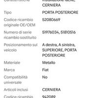 Cerniera superiore Fiat Doblo porta posteriore sx