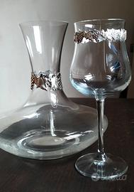 decanter e bicchiere Bormioli con decorazioni 