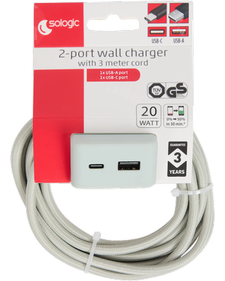 Caricabatterie Sologic 20W USB-A + USB-C e Cavo 3m