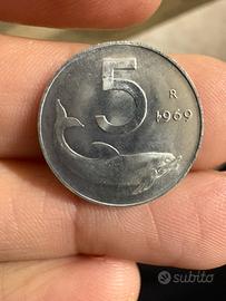 Moneta 5 lire 1969 errore conio