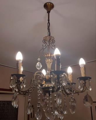 Lampadario classico in ottone e cristallo, 6 luci,
