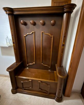 Cassapanca appendiabiti con baule in legno noce