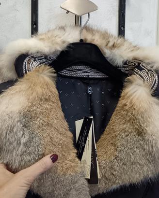 piumino nero in vera piuma d'oca e vera pelliccia 