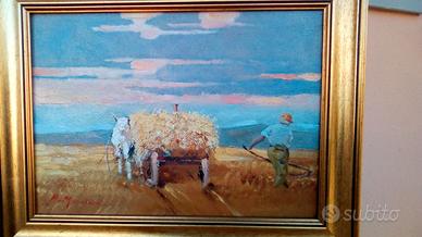 dipinto ad olio "Carro nei campi"