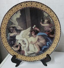 Piatto decorativo antico con angeli e stativo 31cm