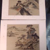 Rara Coppia di Dipinti d'Autore su Seta Paesaggi