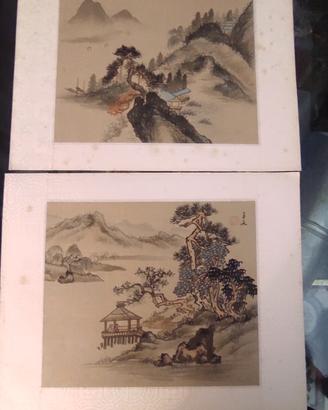 Rara Coppia di Dipinti d'Autore su Seta Paesaggi