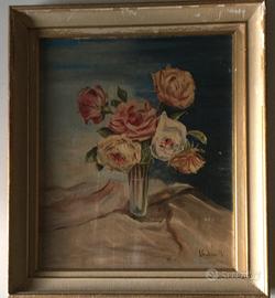 Vaso con rose. Anni 40/50. Olio su tela in cornice