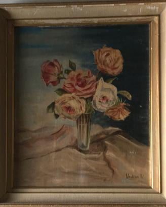 Vaso con rose. Anni 40/50. Olio su tela in cornice