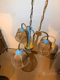 Lampadario Vintage '70 3 luci paglia vienna ottone
