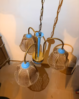 Lampadario Vintage '70 3 luci paglia vienna ottone