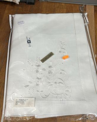 Tovaglia di lino 12 posti ricamata bianca con 12 t
