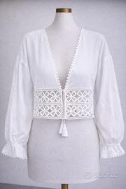 Blusa Boho Bianca Pizzo-Cottone- XS- Lacetto Nappe