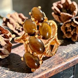 Anello argento 925 placcato oro occhi di tigre 70s