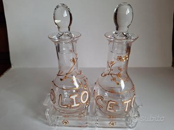 Set Olio e Aceto in cristallo dipinti in oro/bianc