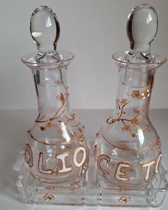 Set Olio e Aceto in cristallo dipinti in oro/bianc