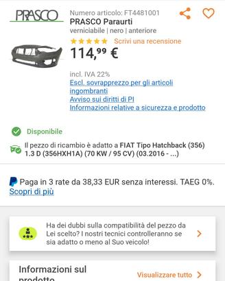 paraurti fiat tipo hatchback nuovo 