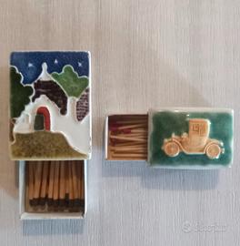 2 Scatole Fiammiferi e Cerini Anni 60/70 Ceramica 