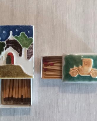 2 Scatole Fiammiferi e Cerini Anni 60/70 Ceramica 