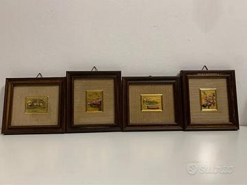Set 4 quadretti vintage con paesaggi  foglia d’oro