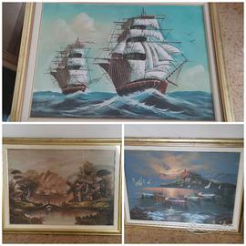 Quadro 3 quadri acrilico veliero barche mulino